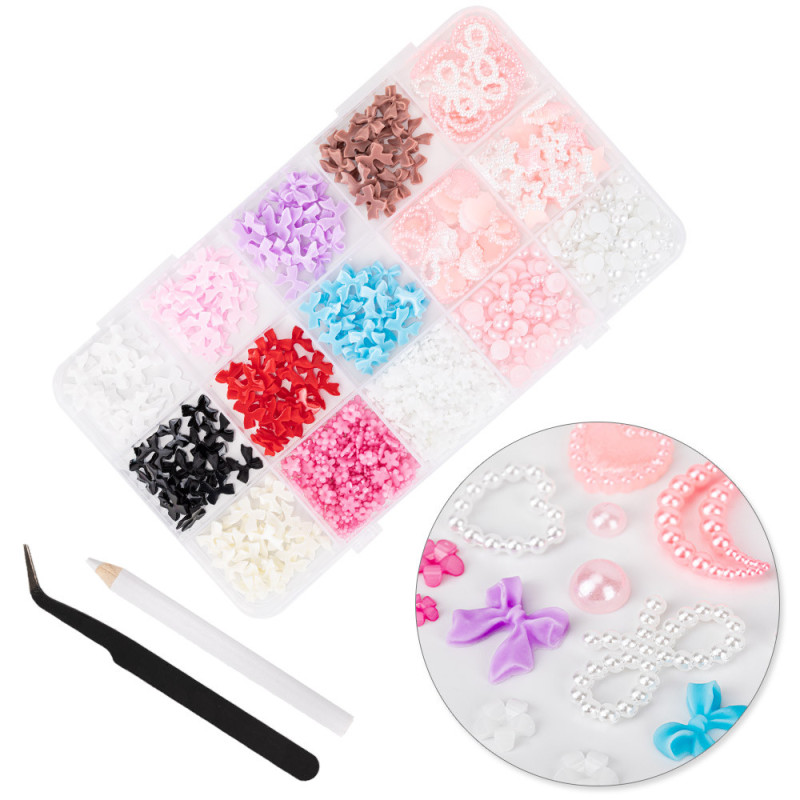 3D Nail Art Decoration Set “Bows & Pearls” – Multicolor – BKHZ-002 (with Tweezers and Picker Pencil)