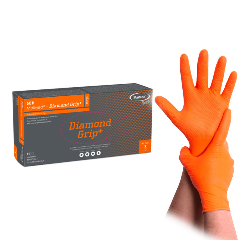 Nitrile Gloves – MaiMed Diamond Grip+ – Orange – Size S, 50 pcs