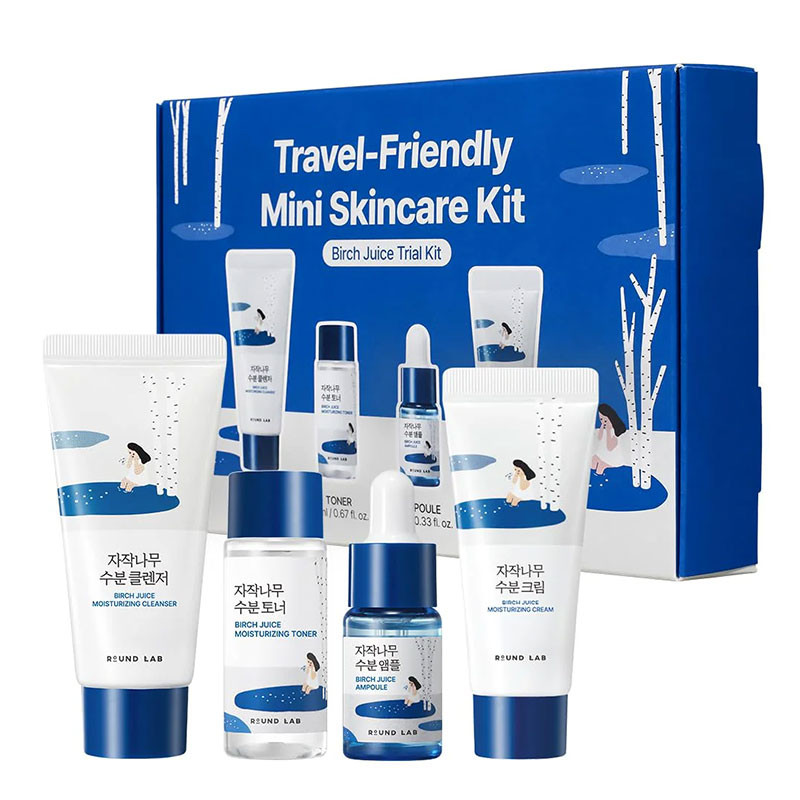 Kasemahlaga proovikomplekt Round Lab Birch Juice Trial Kit – Cleanser + Toner + Ampoule + Cream